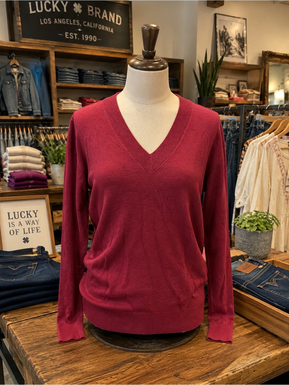 Lucky Brand Red V-Neck Pullover Knit Sweater Size XS